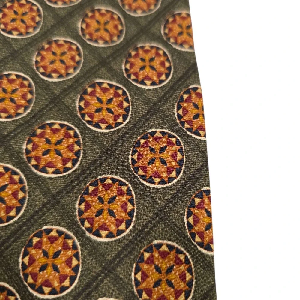 Vintage J.CREW Silk Medallion Pattern Tie Green Orange Men's Luxury Neckwear‎